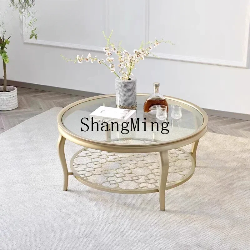 

CL glass coffee table light luxury solid wood round coffee table champagne gold four-leaf