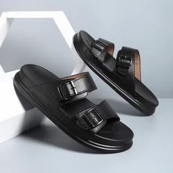 Men's microfiber leather slippers for external wear, anti slip and cool slippers, men's double button flat drag beach shoes