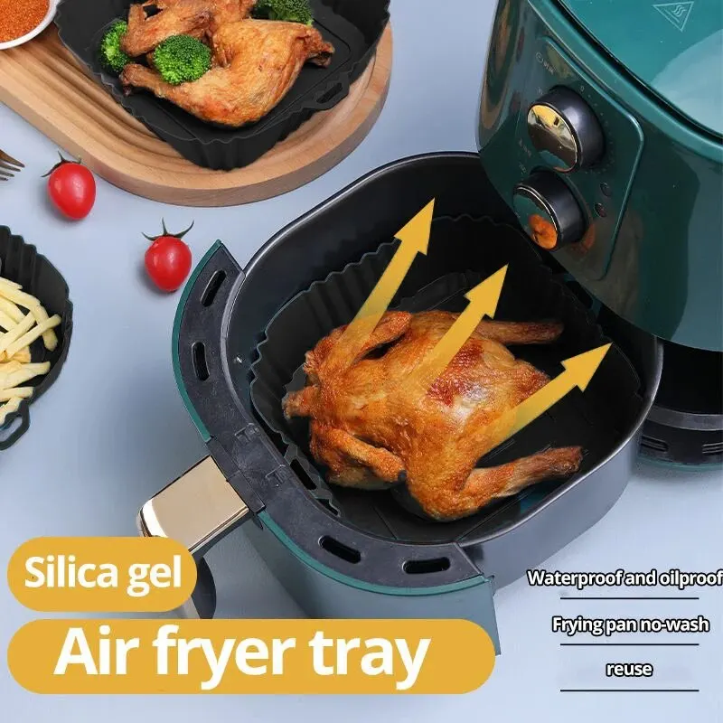 1pc Black Silicone Air Fryers Oven Baking Tray Square Replacement Kitchen Grill Pan Airfryer Kitchen Fried Chicken Basket Mat