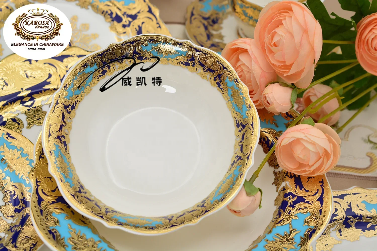 Quick shipping colorful festival golden bone china flower shape special 24pcs top sale plates and bowls set dinnerware sets