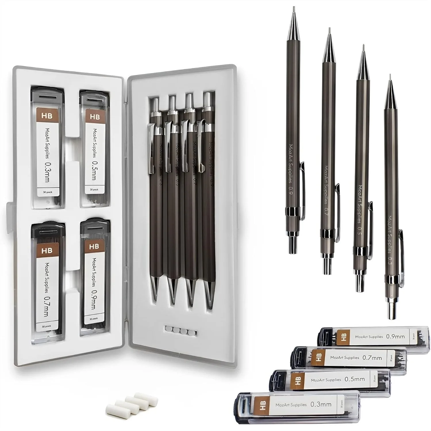 Mechanical Pencil Set with Case - 4 Sizes 0.3/0.5/0.7/0.9mm, 30 HB Leads Each & 4 Eraser Refills for Sketching Drafting Drawing