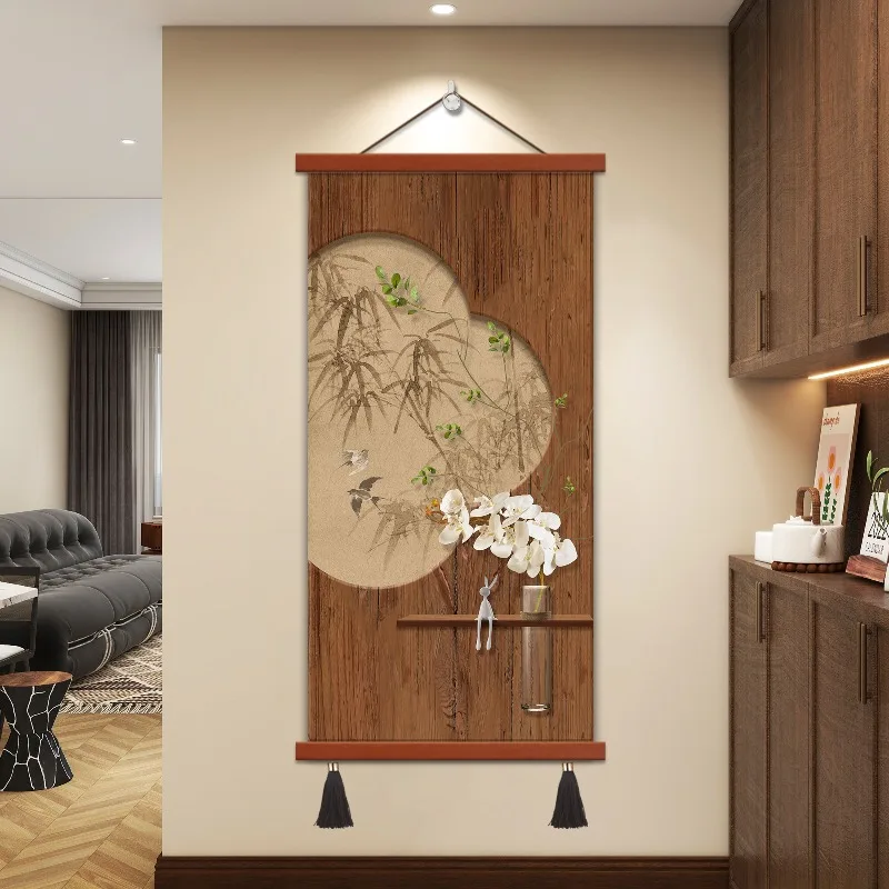 Song Dynasty Aesthetic Wall Decor Scroll African Padauk Frame with Green Plants for Entryway Living Room Aesthetic Room Decor
