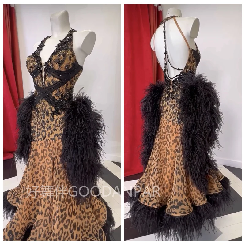 

Женское индивидуальное платье класса люкс с открытой спиной, украшенное перьями страуса, для вальса, танго, современных танцев, с леопардовым принтом