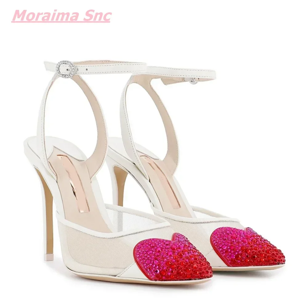 2025 Summer Sweet Women\'s Sandals Pointed Toe Diamond Love Leather Buckle Strap Cute Hollow PVC Comfortable Wedding Dress Shoes