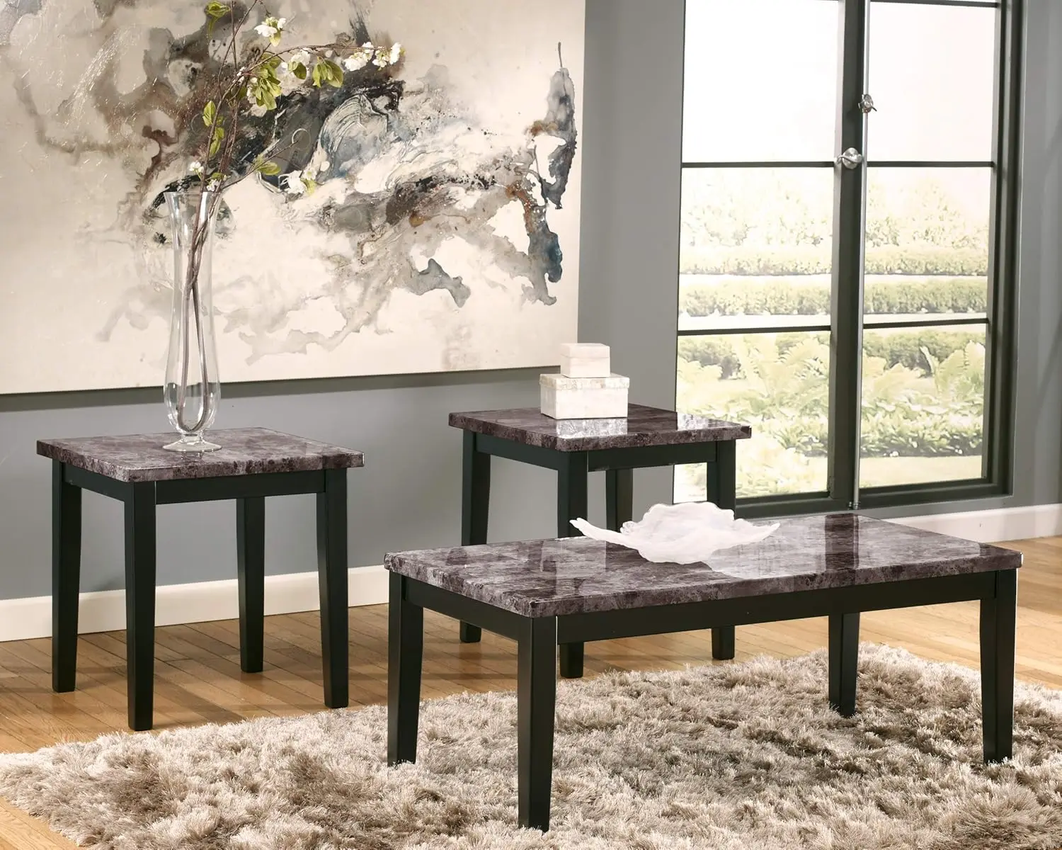 

Signature Design by Ashley Maysville Faux Marble Top 3-Piece Table Set, Includes Coffee Table & 2 End Tables, Black