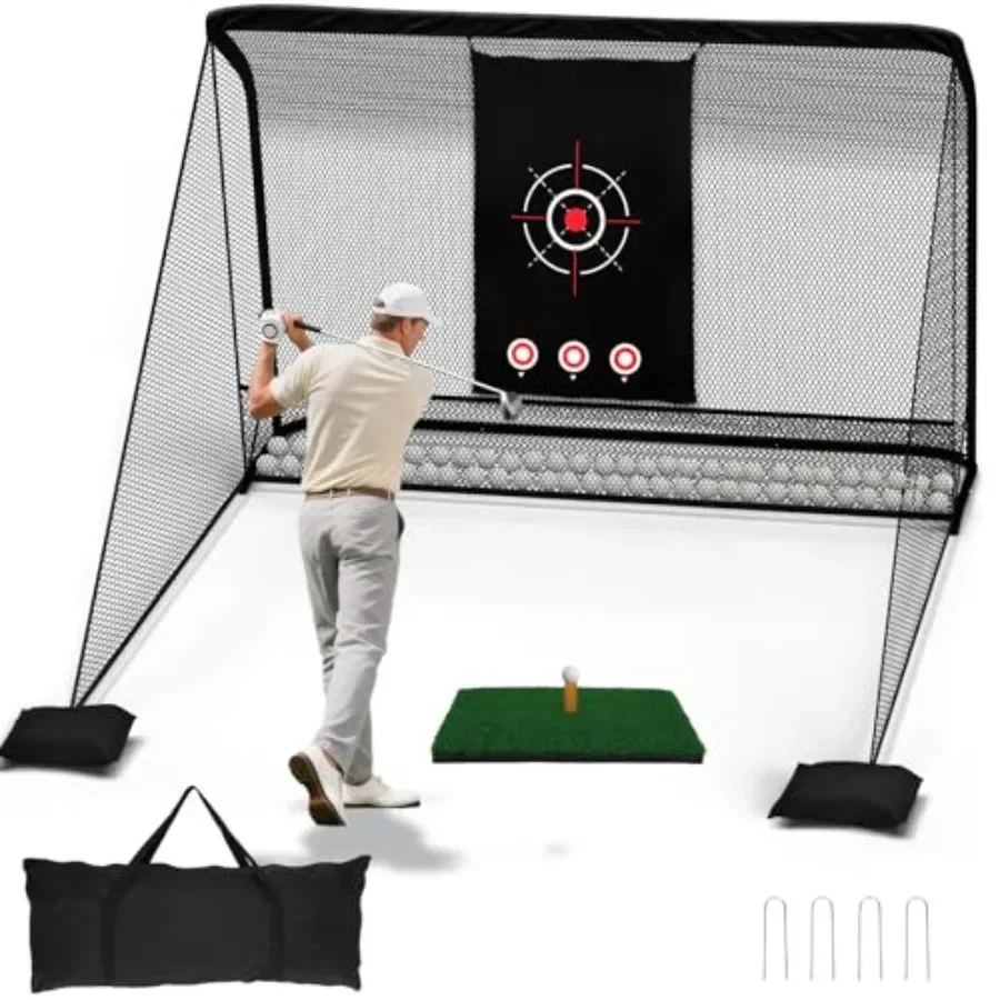 

10x7ft Golf Hitting Practice Net for Real Golf Balls, Heavy Duty Driving Training Cage with Reinforced 7-Layer Mesh and Mat, Po