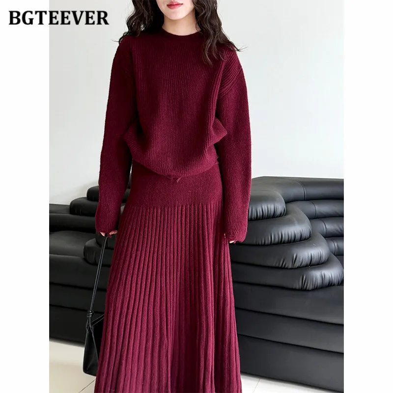 BGTEEVER Elegant Loose Women Knitted Skirt Suits O-neck Sweaters Pullovers & Pleated A-line Skirts Autumn Winter
