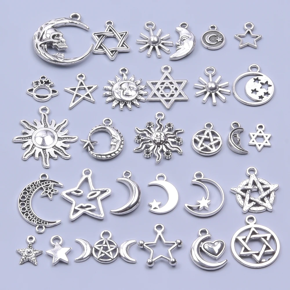 랜덤 믹스 실버 컬러 태양 달 오각형 매력 스카이 스타 펜던트 쥬얼리 제작, DIY 수제 공예 발견 액세서리, 30 개