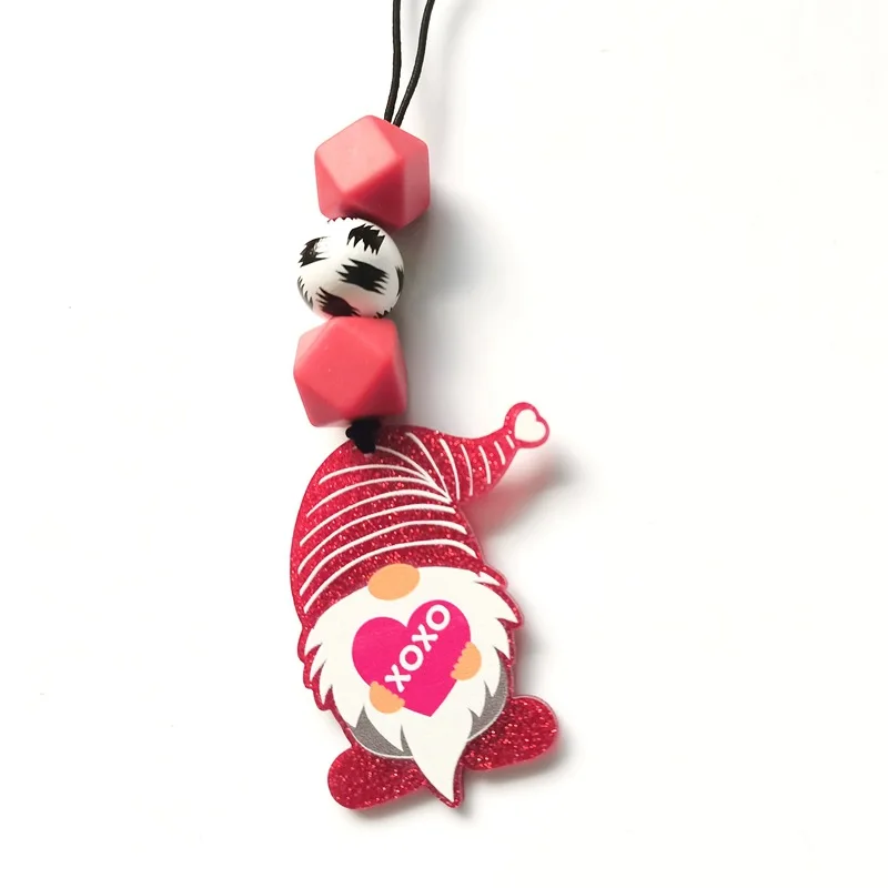 New Red Glitter Valentine's Day Gnomes Pendant Valentines XOXO Love Heart Keychain Lanyard with Badge Clips Charm Beads