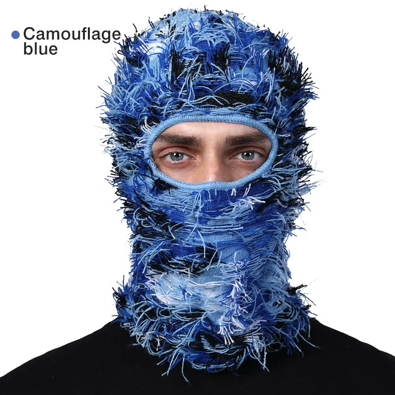 Hip Hop Balaclava New Distressed Knitted Caps Full Face Ski Mask Men Women Outdoor Camouflage Fuzzy Ski Balaclava Beanies Hat