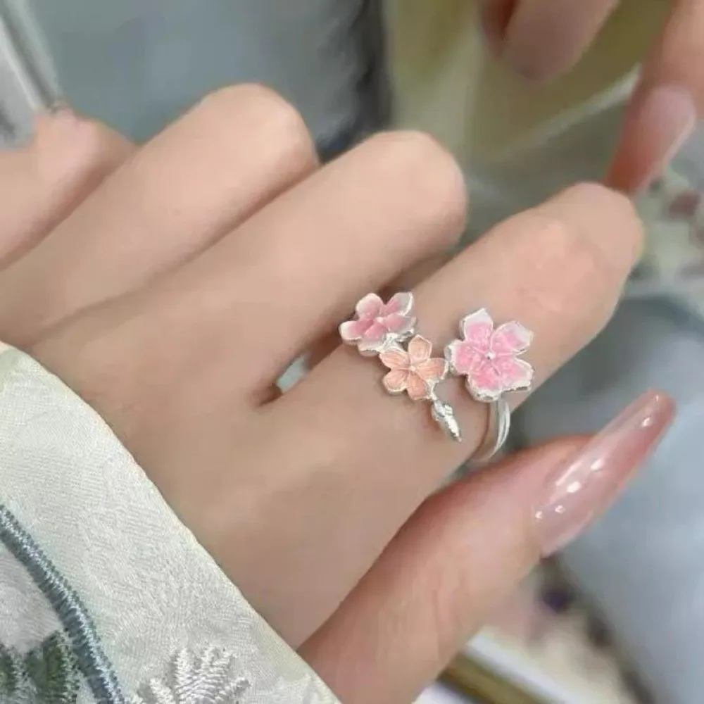New Sweet Pink Cherry Blossom Ring Dainty Drop Oil Design Open Adjustable Ring Three Flower Niche Design Flower Bracelet Wedding