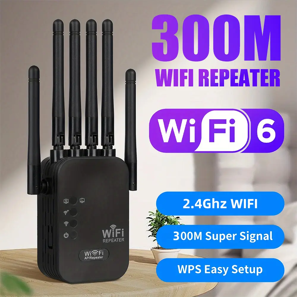 Extensor de WiFi 300Mbps, 2.4Ghz, com 4 Antenas, 360° ° Cobertura Completa para Mais de 35 Dispositivos, Porta Ethernet e Configuração com Um Toque - Aumente o Sinal
