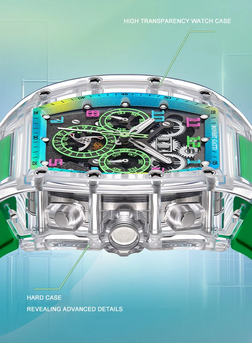 BONEST GATTI ผู้ชายนาฬิกาอัตโนมัติ 44 มม.* 52 มม.Tonneau นาฬิกาข้อมืออะคริลิค Luminous Fluororubber สาย Mult-Dial