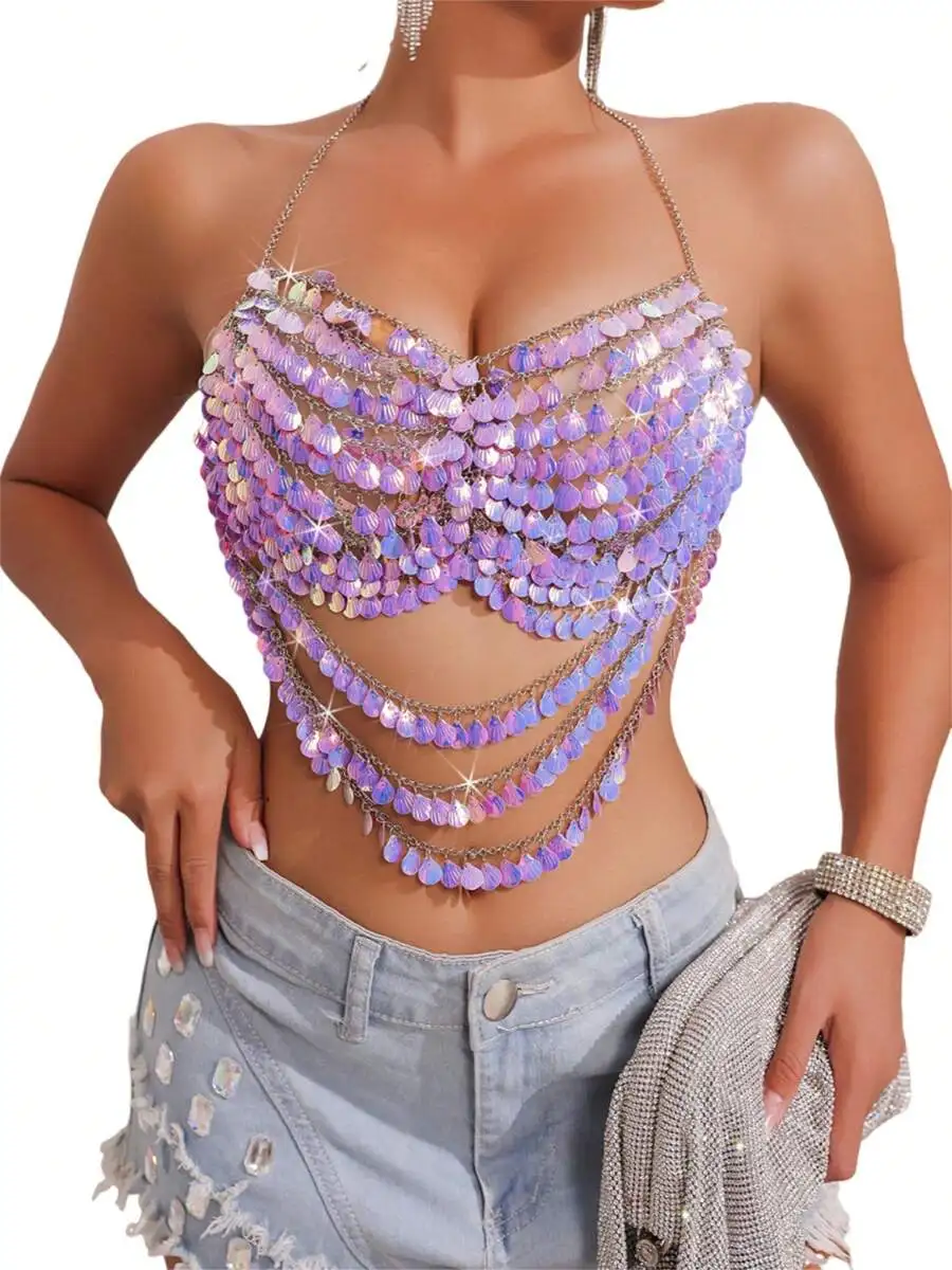 

Womens Halter Chain Tank Top With Shell Sequins Sparkly Cami