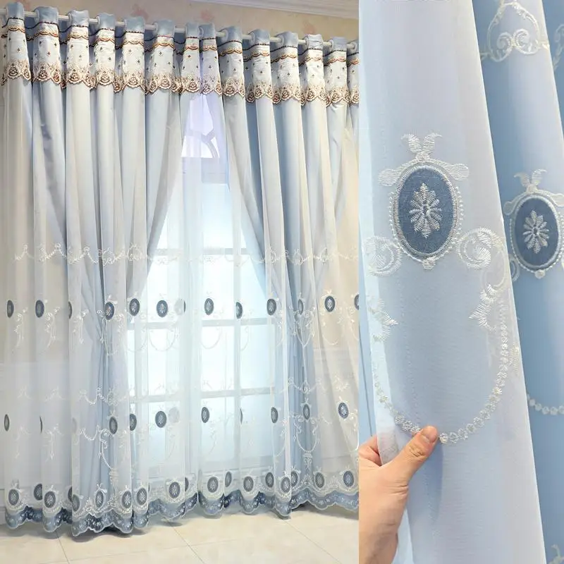 

Luxury European 2- Layer Curtain Blackout Curtain with Embroidered Tulle Sheer & Valance for Living Room Bedroom Home Decoration