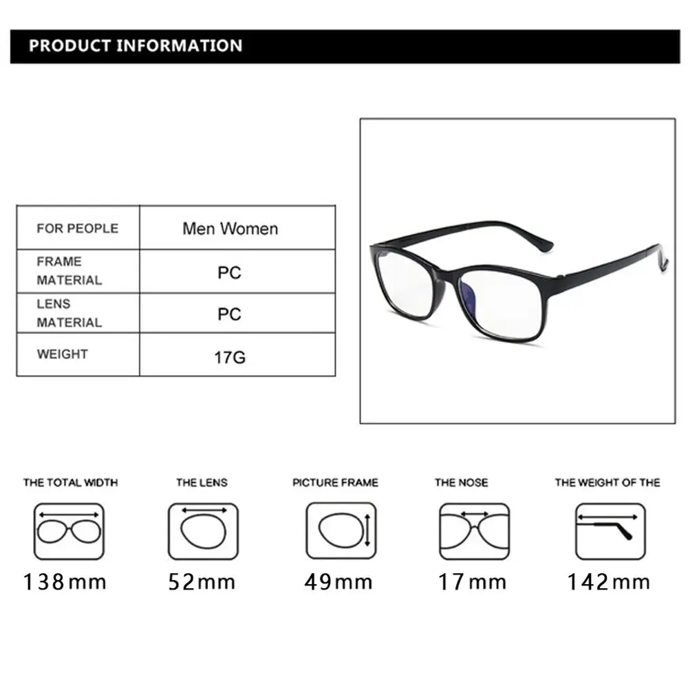 1PC Unisex Clear Lens Reading Glasses Blue Light Blocking Eyewear Square Computer Eyeglasses Frames UV400 Flat Mirror