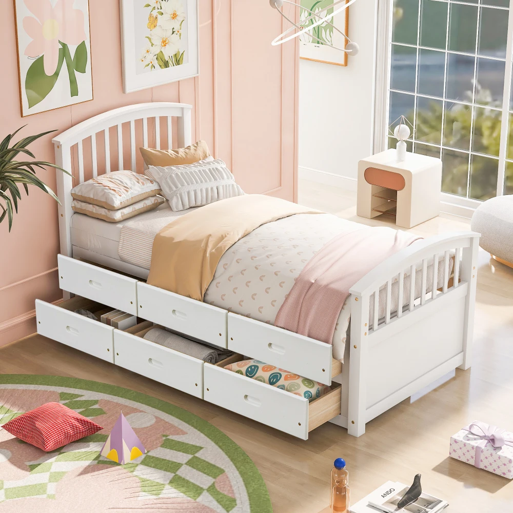 

Twin Size Platform Storage Bed Solid Wood Bed with 6 Drawers,White