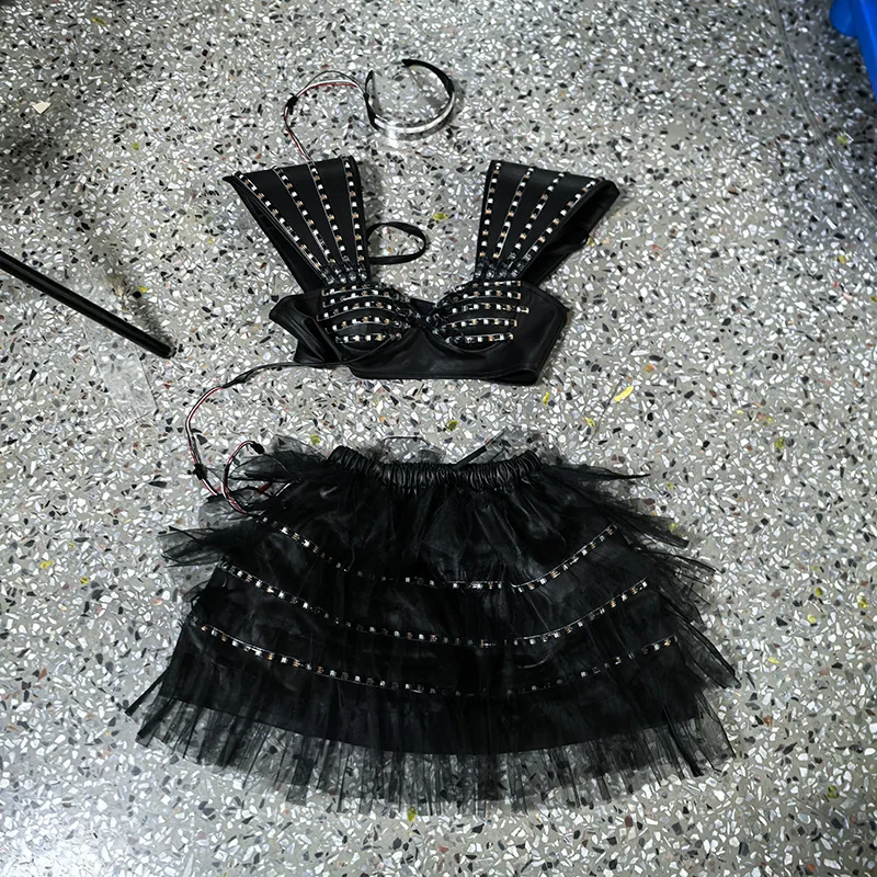 Damen-Show, LED-Leuchtkostüm, Oberrock, 2-teiliges Set, Brille, Fantasie, Bühnenauftritt, Nachtclub, Sänger, Party, Rave-Outfit, Neu
