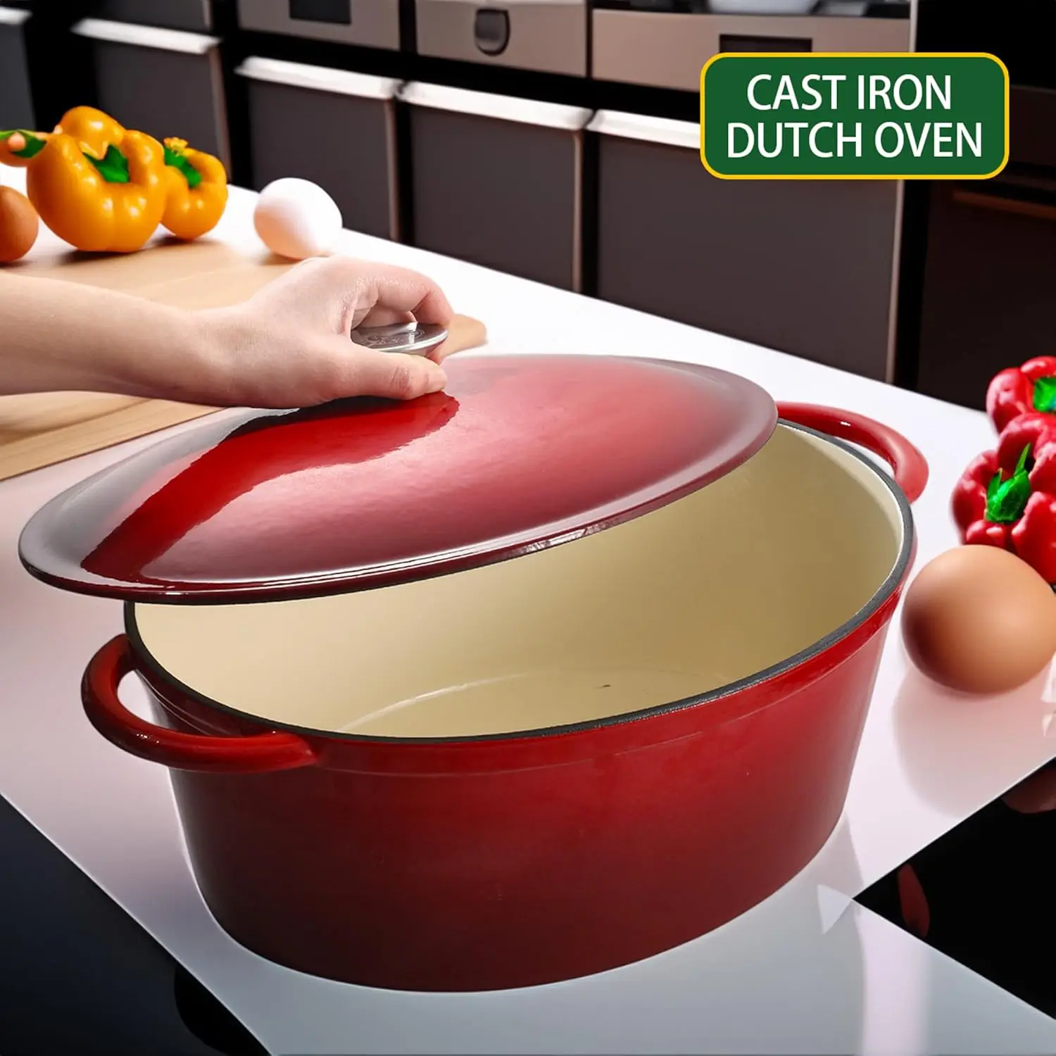 9.6 QT enamel cast iron dutch oven, red gradient color,cast iron pot (9.6 QT)