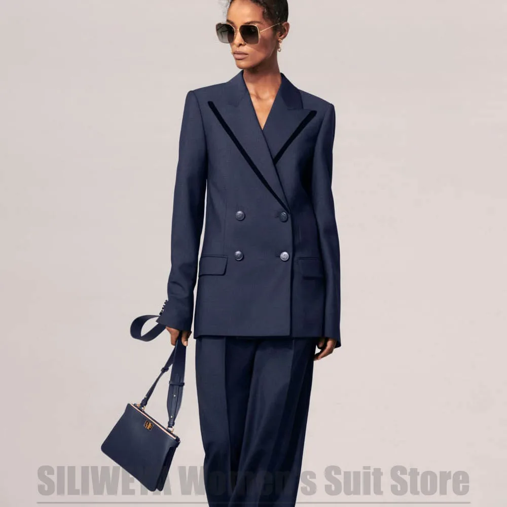 

Navy Blue Women's Suit Fashion Peak Lapel Double Breasted Outfit Slim Chic Office Lady Daily Casual Party Prom Outfit 2 Piece