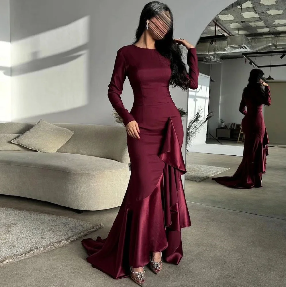 

Customized Modern Pleats Ruffles Evening Dresses Graceful Mermaid Crew Neck Long Sleeves Satin Burgundy Party Gowns فساتين سهرة