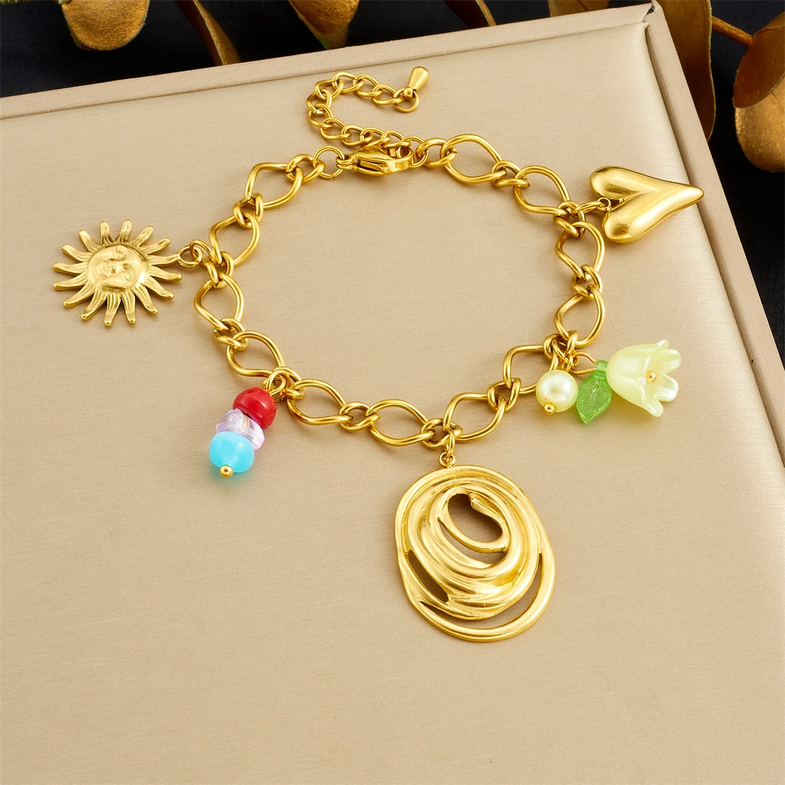 DIEYURO 316L Stainless Steel Golden Lines Oval Sun Heart Crystal Flower Bracelet Women New Classic Wrist Chain Jewelry Gift