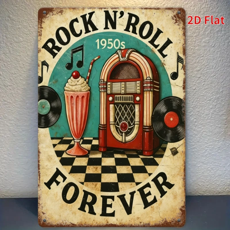 2D Flat - 1950S Rock Music Themed 1pc 20.32X30.48 Cm Vintage Metal Decorative Sign. Perfect for Christmas Decorations in Restaur