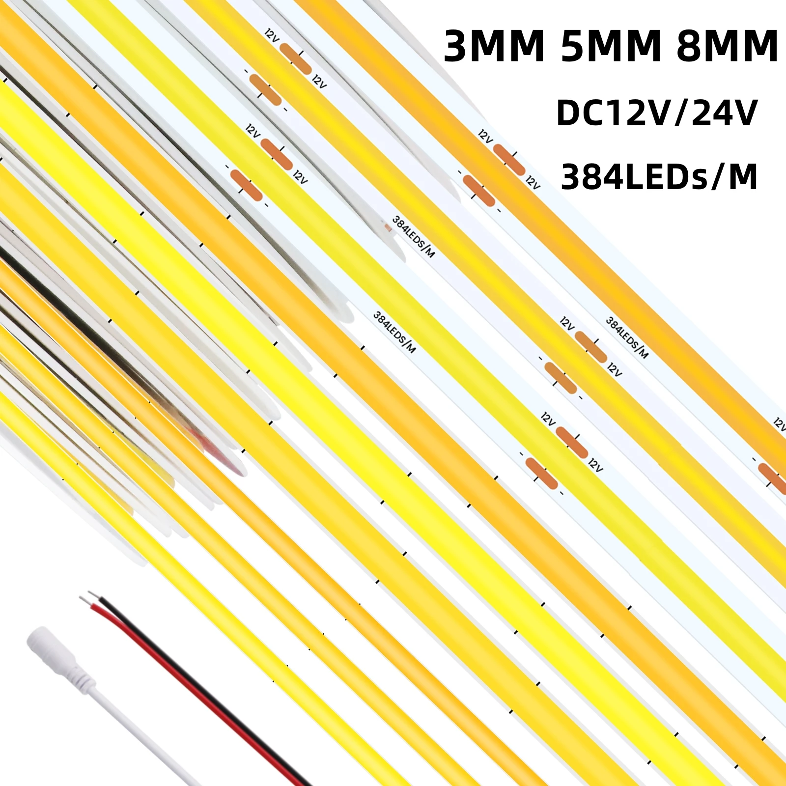 3mm 5mm 8mm paski przyciemniane światło LED PCB z drutem 2pin/DC żeński 12V 24V 384LEDs/M RA90 o wysokiej gęstości oświetlenie liniowe IP20