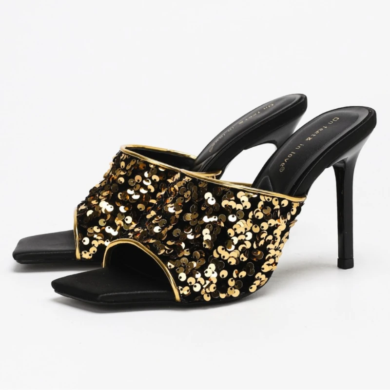 

Shiny Bling Stiletto Slippers Women Fashion Square Toe Slide Sandals Sexy Open Toe Beach Casual Shoes Comfortable Women Shoes