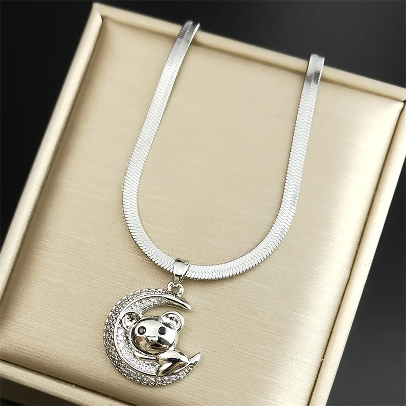 

Cute Teddy Bear Lying on Crescent Moon Necklace Women Stainless Steel Snake Chain Necklaces Valentine's day gargantilla mujer