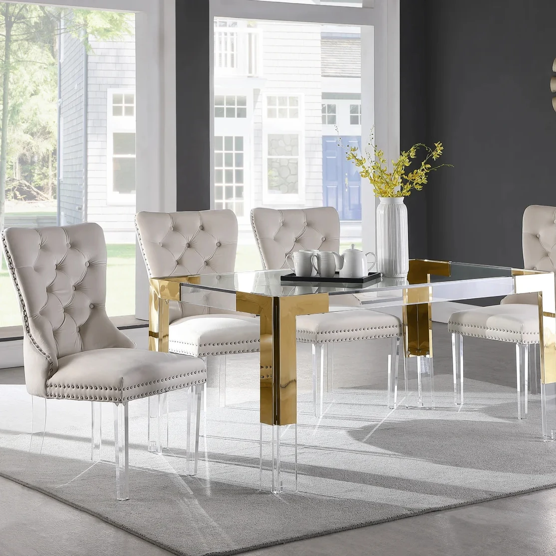 Luxury Stainless Steel Resin Acrylic Dining Table Tempered Glass Top Wedding Table in Gold for Home Hotel Furniture