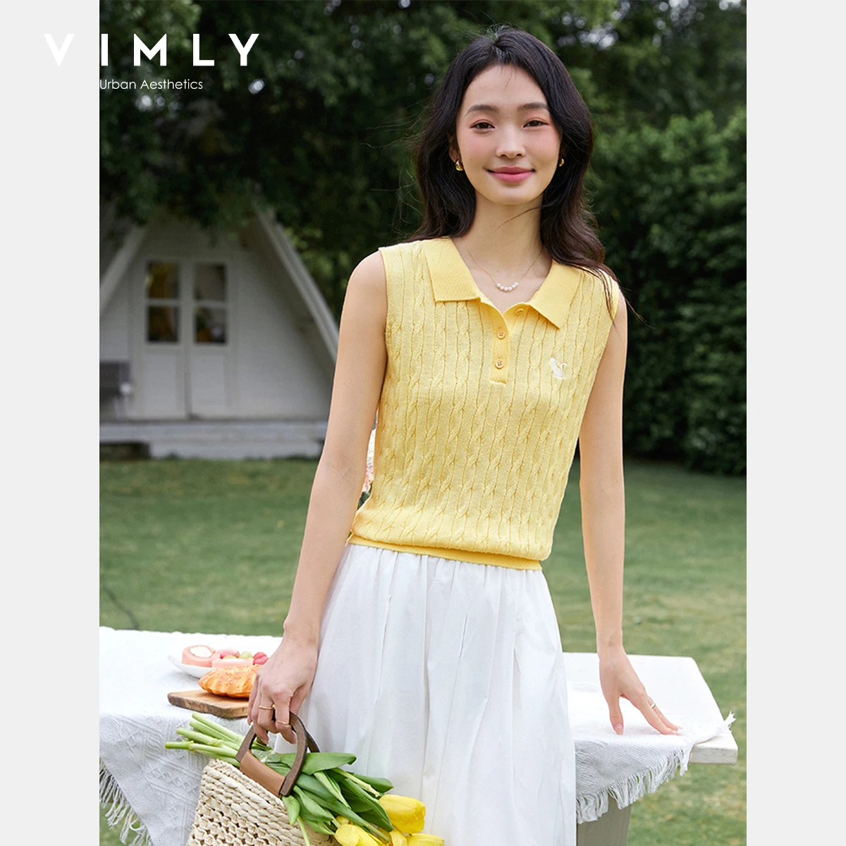 

VIMLY Cable Knitted Sweater Vest Woman Sleeveless Ladies Summer Knitwear women 2025 Fashion Cat Embroidered Lapel Knit Top 75005