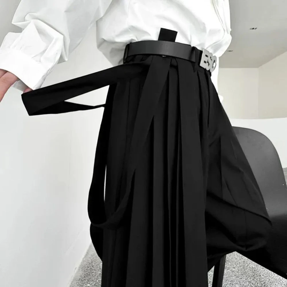 Y2k Gothic Dark Style Skirt Pants Pleated Double Ribbon Design Hakama Genderless Japanese Streetwear Samurai Pants Unisex 2024