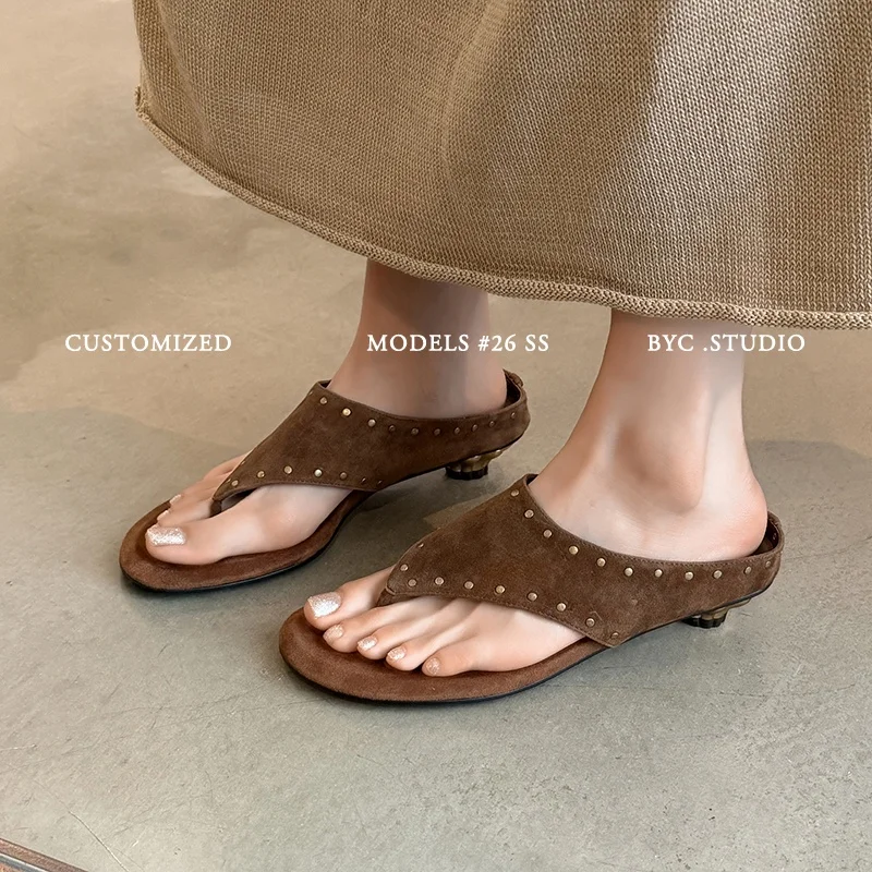 2026 new summer women sandals natural leather plus size 22-25.5cm cowhide/cow suede+sheepskin split toe mules rivet women shoes