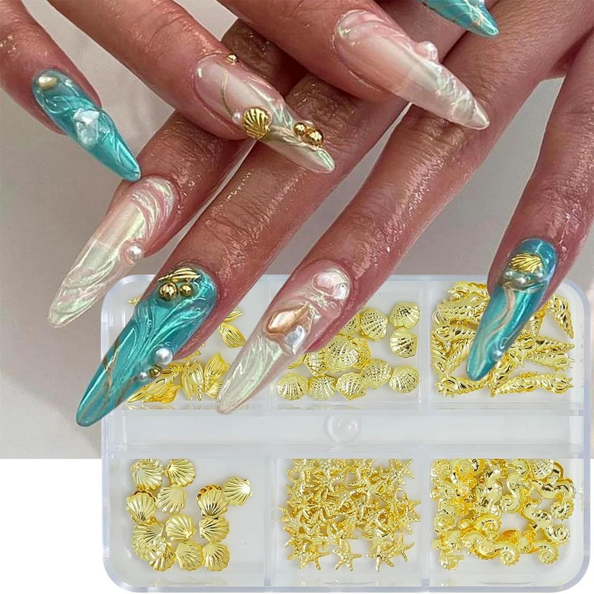 6 شبكات الصيف مسمار السحر والأحجار الكريمة قذائف لطيف محارات فرس البحر نجم البحر مسمار الفن سحر الذهب شقة الظهر الذهب مسمار الراين