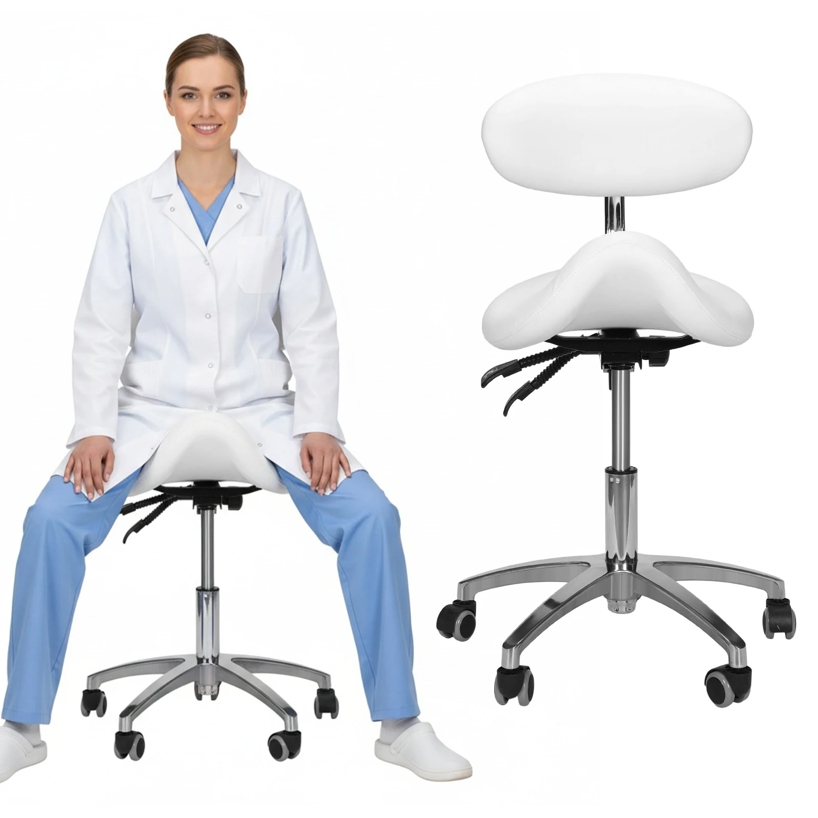 

Стул-седло на колесиках со спинкой, регулируемый по высоте 19.93-21.65 дюймов, для дома, офиса, салона, спа, кухни, тату-салона