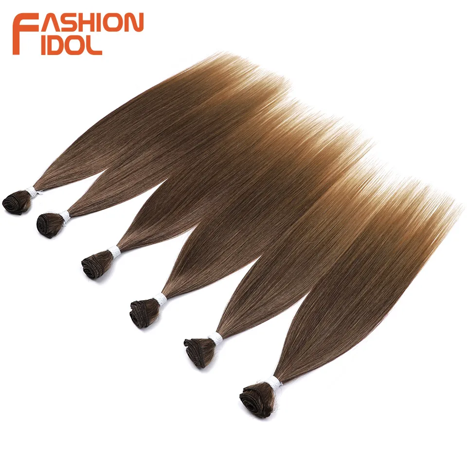 FASHION IDOL 300g Yaki Straight Hair Weaving Synthetic 20 22 24 Inches Fake Hair Bundles 6Pcs Ombre Brown Salon Hair Extensions