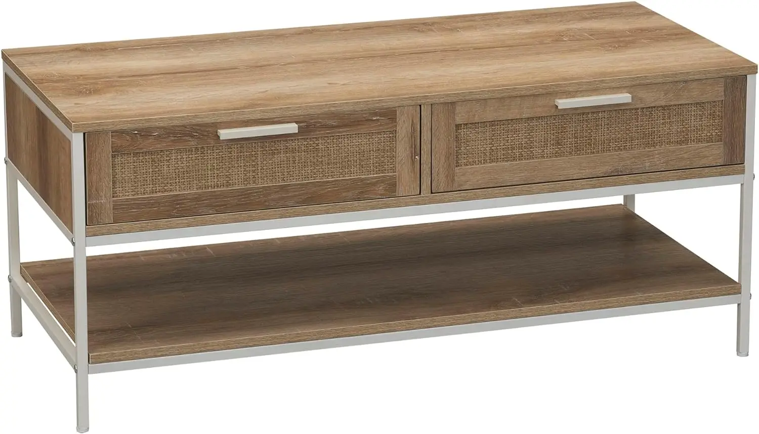 Rectangular Coffee Table with Storage Shelf and 2 Drawers Coastal Oak Rustic Wood Grain Woven Front and White Metal