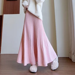 Fashion Winter Autumn Warm Women Solid Knitted Long Maxi Skirt Stretch Skirt High Waist A-Line Pleated Skirt Female 2024 New