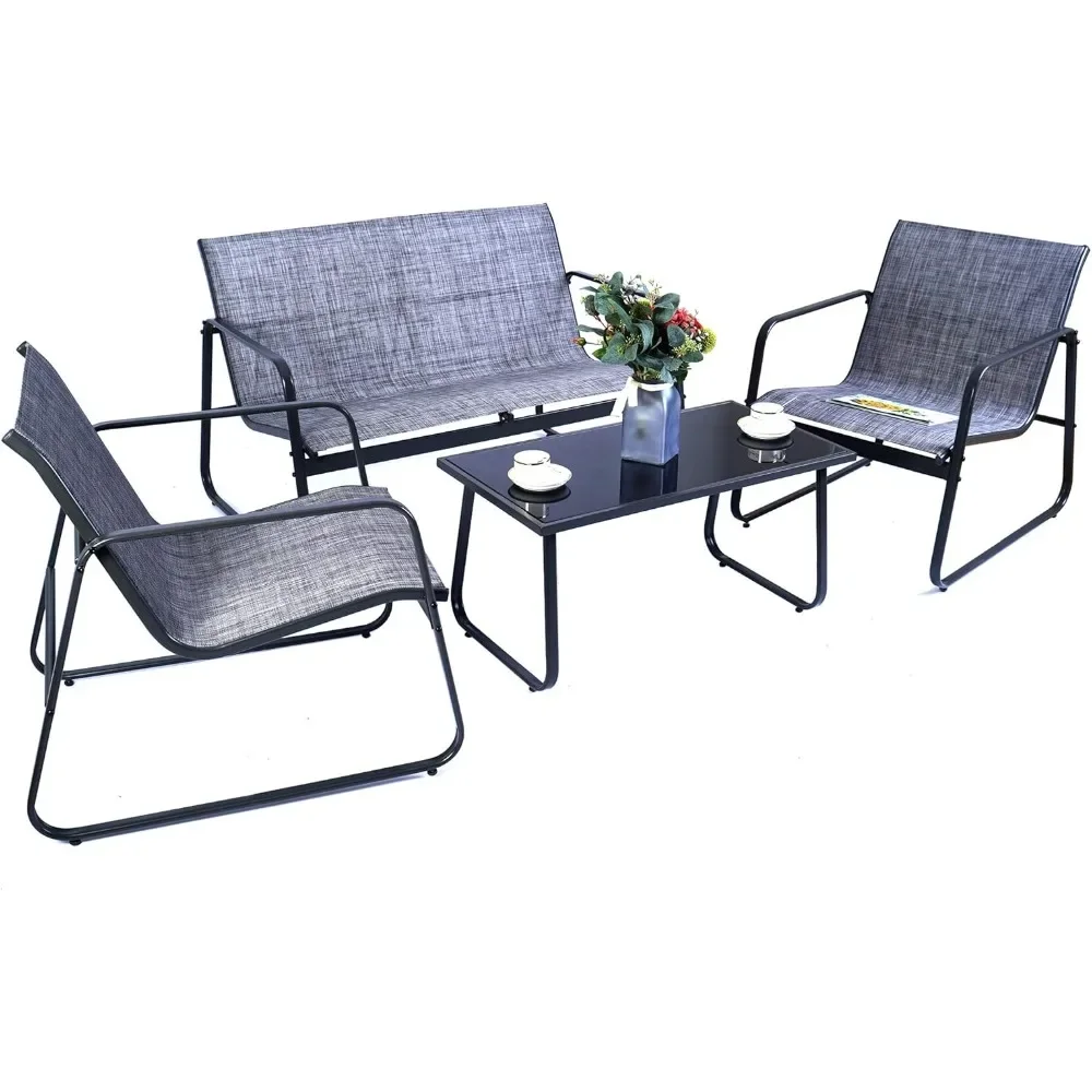 

4 Pieces Outdoor Patio Furniture Conversation Set with Strong Metal Frame, One Love Seat, Two Single Chairs and One Table