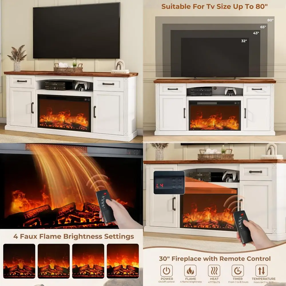 

Elegant 70-inch Tall Electric Fireplace Entertainment Center for 80-inch TVs, Farmhouse Style TV Stand with Built-in Fireplace