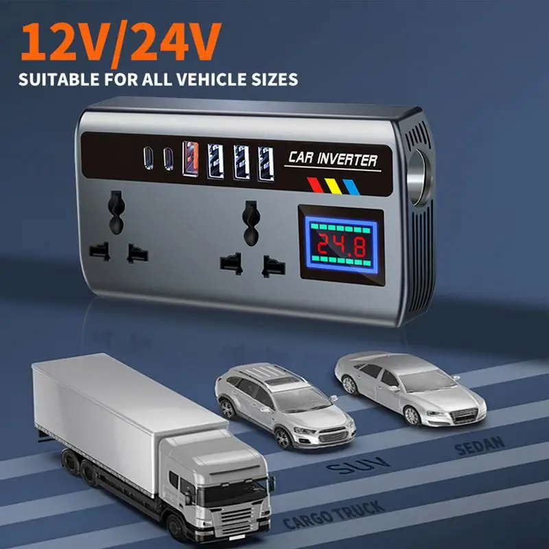 

Car Converter 12V/24V to 220V 9 Charging Ports Portable Automotive Charger Inverter 3 USB OC3.0 PD 2TYPE-C Ports Power Adapter
