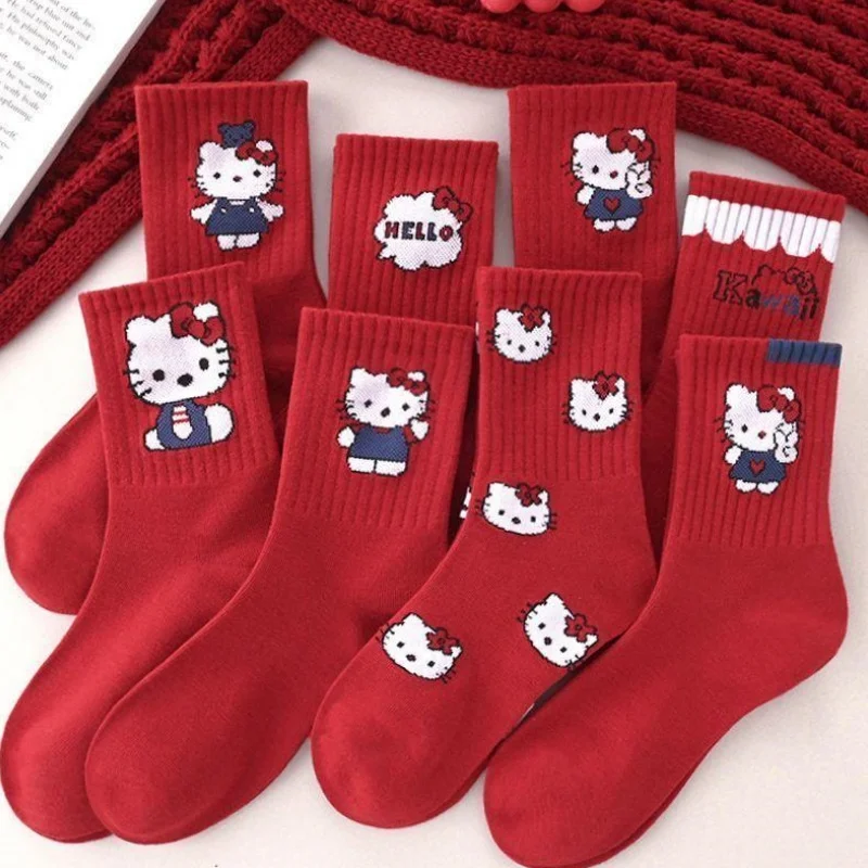 

Sanrio Hello Kitty Cartoon Anime Red Socks Winter Mid-Tube Cute and Comfortable Cotton New Year Gift Socks Wholesale Kawaii
