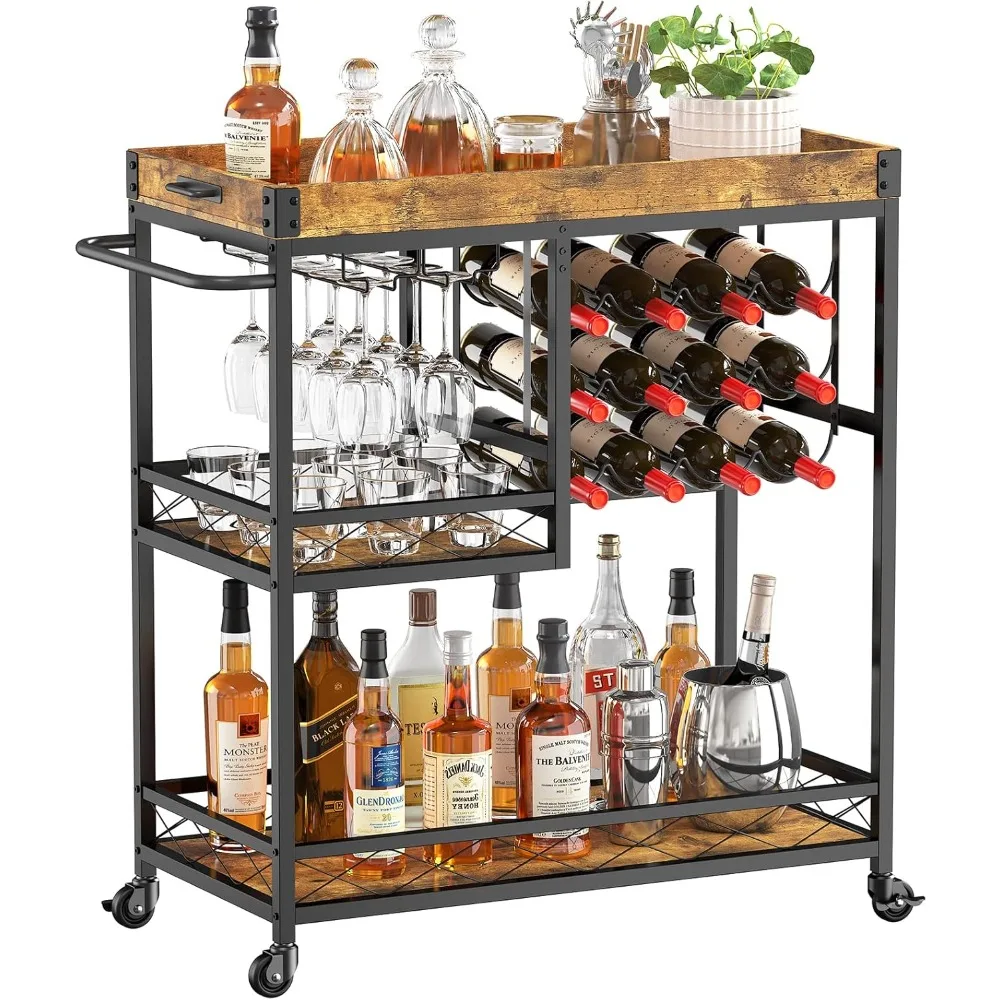 Bar Cart, Home Bar Serving Cart, 3 Tier Drink Cart with 12 Wine Bottle Racks, Liquor Beverage Cart for Kitchen Dining Livingroom