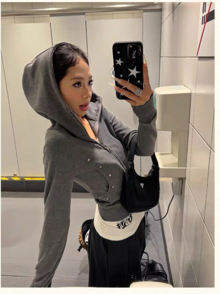 

American retro double zipper women's cardigan slim fit hooded sweatshirt autumn and winter spicy girl trend top millennium style