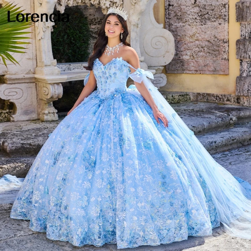 

Customized Blue Quinceanera Dress Ball Gown 3D Flower Bow Applique Beaded Mexican Corset Sweet 16 Vestidos De 15 Años YQD700