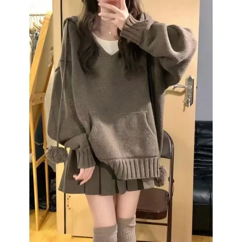

Japanese Style Lazy Style Vintage Hooded Sweater Fashionable Loose Knitted Sweater Pleated Skirt Two-piece Suit for Women