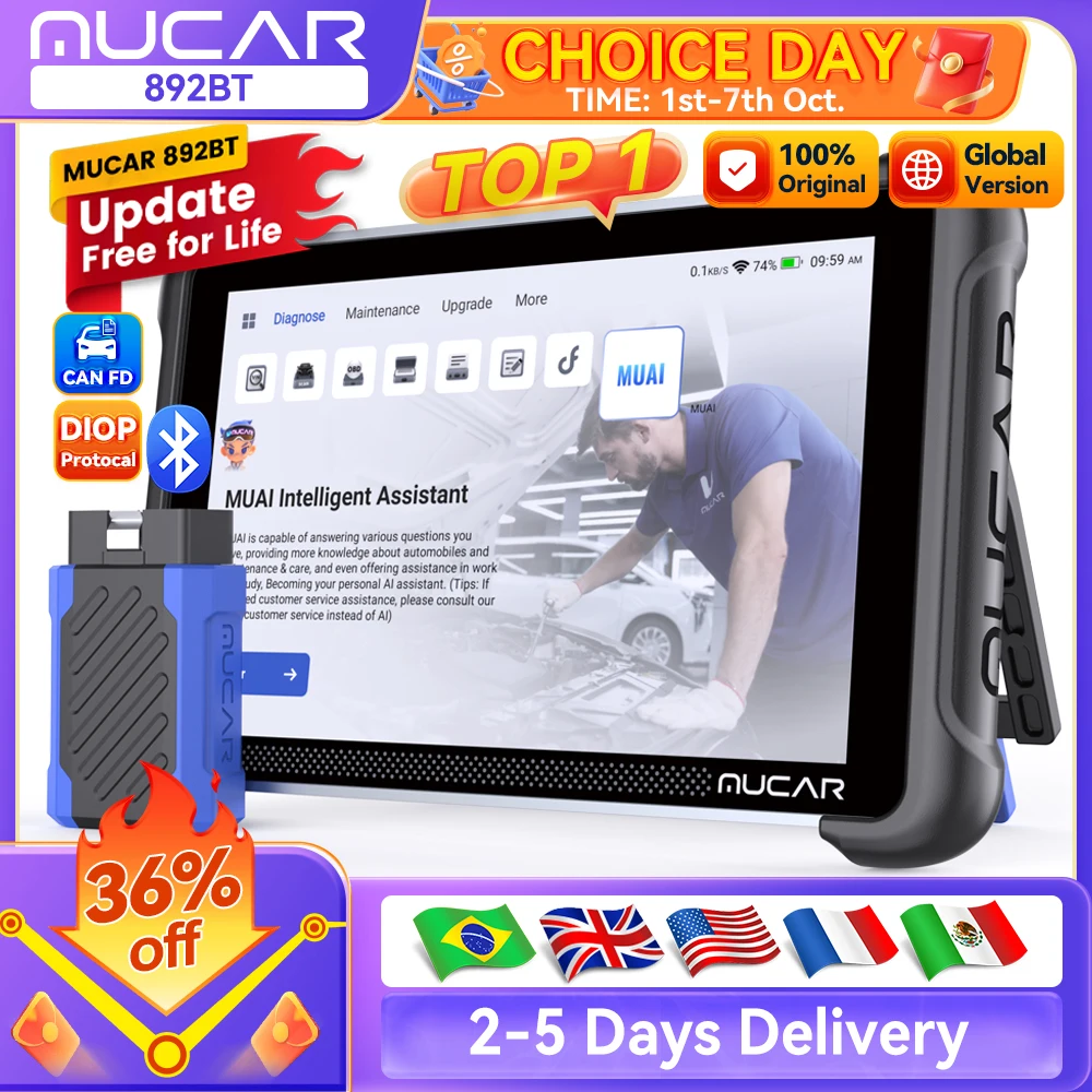 Atualização gratuita vitalícia MUCAR 892BT OBD2 Scanner CANFD e DOIP Ferramenta de diagnóstico bidirecional Sistema completo 34 Reinicialização de codificação ECU