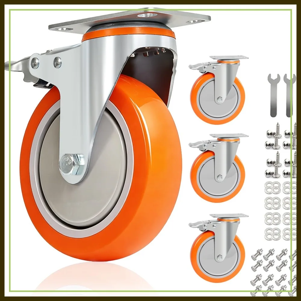 

6" Swivel Caster Wheels Set of 4, 2600lb Capacity, Silent Polyurethane with Brakes, Heavy Duty Plate Casters for Furniture, Tool Carts, Dollies
