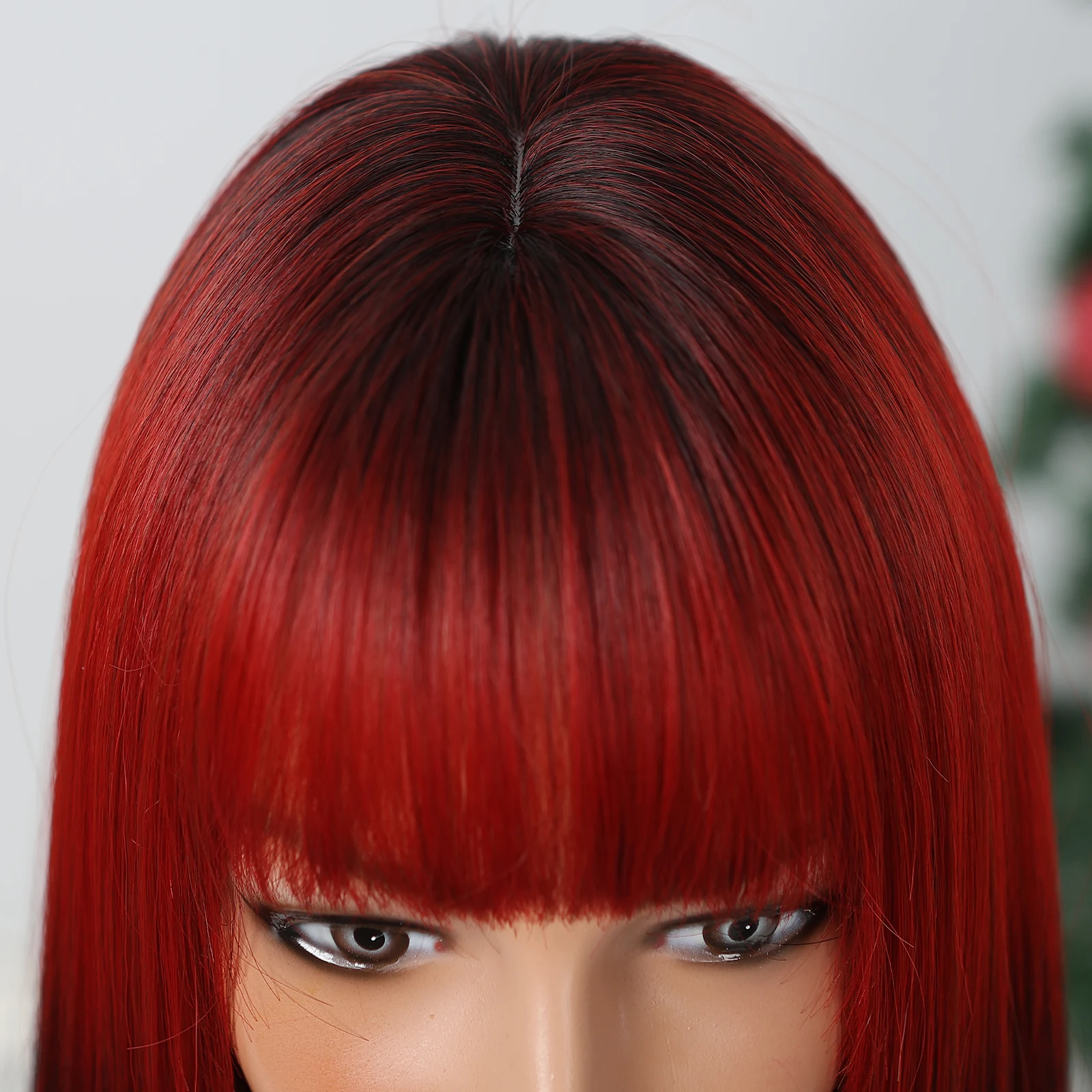 HENRY MARGU Short Red to Black Wig Ombre Bob Synthetic Wigs with Bangs Medium Length Straight Hair Heat Resistant Party Daily